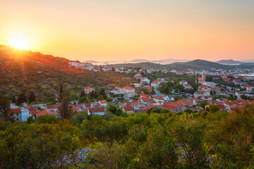 Amazing panoramic view of Murter-Kornati town, sea and Kornati islands, scenic landscape in sunset light, Murter otok, Dalmatia, Croatia. Outdoor travel background