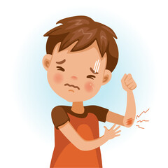 Boy injured at elbow. Feel pain in the wound. Cartoon character vector illustration isolated on white background.