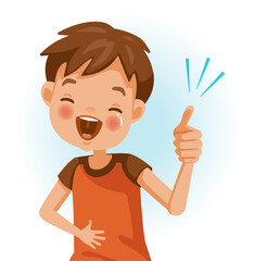 Boy thumbs us. Figured out. Positive emotions, Laugh. Cartoon character vector illustration isolated on white background.