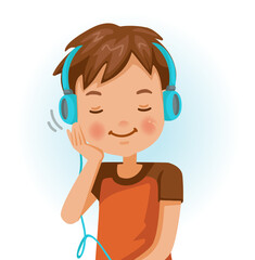 Little boy earplugs. Positive emotions, smiling. Cartoon character vector illustration isolated on white background.