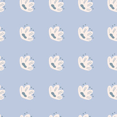 Summer seasonal seamless pattern with white doodle naive flowers shapes. Pastel blue background.