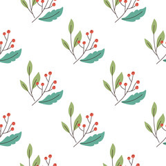 Abstract red berry elements with green leaves seamless pattern. Isolated white background. Decorative print.