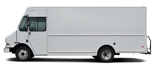 Modern American cargo minibus white color side view. Isolated on a white background.