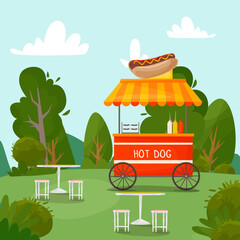 Fast food street hot dog cart. Food in the park in nature. Fast food business seller kiosk. Hot dog fast food shop street cart city flat vector. For design, web, graphics and advertising. © Svetlana