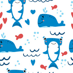 Obraz premium Seamless background with cute sea animals. Pattern with , shark and whale . For design, web, graphics, textiles and advertising. Vector illustration