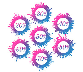 Vector set of vibrant gradient splatter sale icons 20%, 30%, 40%, 50%, 60%, 70%, 80% off. Discount blots tags, colorful special offer labels. Isolated splash signs for design template.