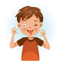 Cheeky boy smiling and sticking his fingers in his ears and pulling a funny face. Cartoon character vector illustration isolated on white background.