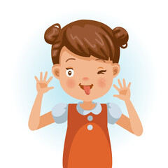 Cheeky little girl smiling and sticking his fingers in his ears and pulling a funny face. Cartoon character vector illustration isolated on white background.
