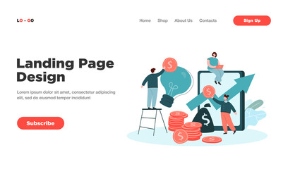 Tiny people making investment into idea, creative project. Flat vector illustration. Investors team pouring cash into venture, promising online innovation. Finance, money, credit, partnership concept