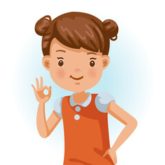 Little girl ok. Positive emotions, smiling. Cartoon character vector illustration isolated on white background.