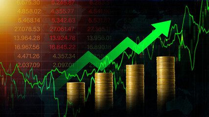 Stock market chart for forex trading graph.Arrow green growing on a golden coins step...