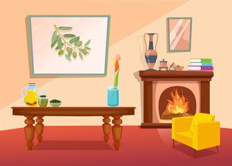 Cozy living room interior with fireplace. Cartoon vector illustration. Colorful paintings on wall, coffee table, yellow chair, books and vases in Greek style. Home interior design, coziness concept