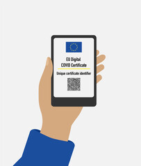 Hand holds mobile phone with immune digital health passport for covid-19. Vector illustration EU digital covid certificate,unique certificate identifier.
