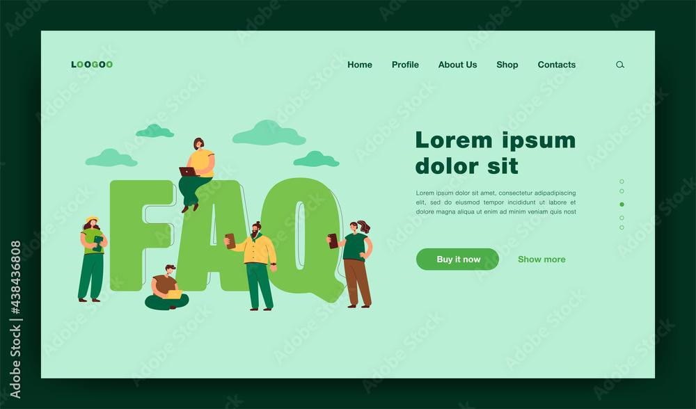Poster faq flat vector illustration. tiny users near giant letters asking questions and getting answers, in