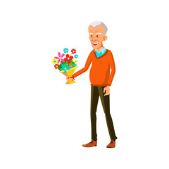 smiling old man present flowers gift to lady on date cartoon vector. smiling old man present flowers gift to lady on date character. isolated flat cartoon illustration