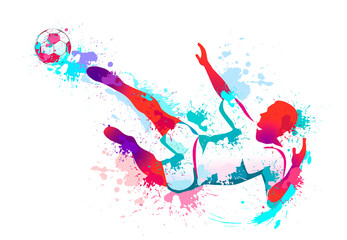 Football player with ball. Silhouette of a football player with a ball in grunge style, with the imposition of various textures in the form of splashes, spots, blots - obrazy, fototapety, plakaty