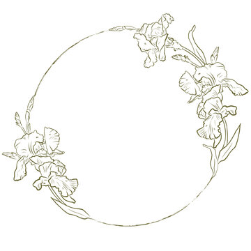 Vector delicate outline hand-drawn wreath of Irises flowers. Vintage mood. Maybe use for wallpaper, textile or card, wedding design.