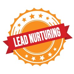 LEAD NURTURING text on red orange ribbon stamp.