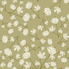 Vintage seamless pattern with naive flowers random white silhouettes print. Beige background.