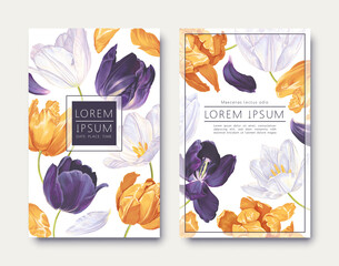 Template for wedding invitation, poster, banner for social media with realistic tulip flowers. Vector, detailed hand-drawn yellow, white and purple flowers for your designs.Ready made gift cards.