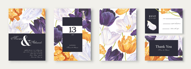 Botanical wedding invitation card with yellow, dark purple, white tulips, flowers and petals. Modern, vector, realistic style, hand drawn Save the Date collection. Social media poster, banner template