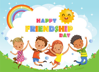 Obraz na płótnie Canvas Friendship day. kids are Jumping and laughing, together happily. Boys and girls celebration.Design greeting cards or posters from the concept of children's friendship.