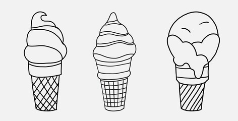 Collection of freehand drawing cone of ice cream.