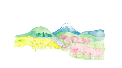 菜の花と桜と富士山の風景