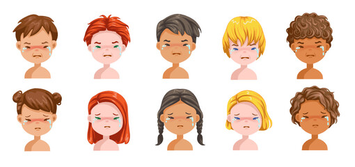 Boys and girls set cry emotions, Feeling sad, face of the child.  Different nationalities are different. Variety of children. Female and male heads. 