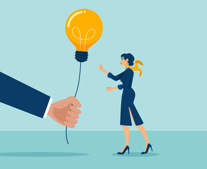 Vector of a big hand giving a lightbulb idea to a young business woman