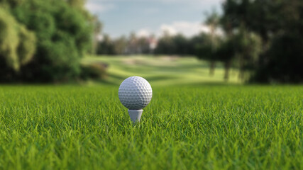 3d render golf ball with a club on the field side view