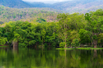landscape lake views at Ang Kaew Chiang Mai University in nature forest Mountain views spring cloudy sky background with white cloud.