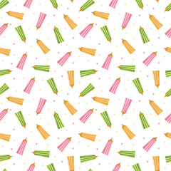 Seamless pattern with color pencils. Hand drawn vector illustration with cryons, paints, palette, brush. Back to school.