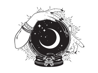 Magic crystal ball with crescent moon and stars in hands of fortune teller line art and dot work. Boho chic tattoo, poster or altar veil print design vector illustration