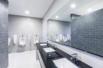 Contemporary public Interior of bathroom with sink basin faucet lined up with big mirror and public toilet urinals Modern design. - Powered by Adobe