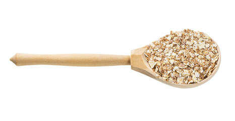 wood spoon with oat flakes with rye bran isolated