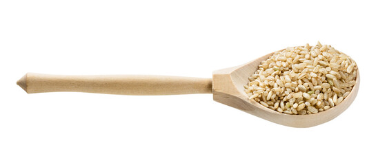 spoon with unpolished brown rice grains isolated