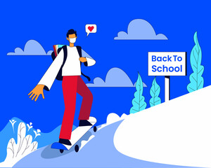 Back to school illustration  boy riding skateboard vector concept