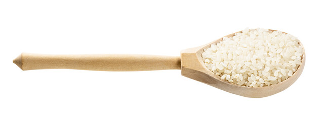 spoon with polished medium-grain rice isolated