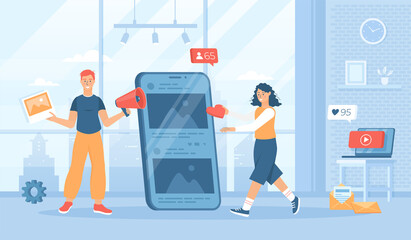 Fototapeta premium Social media strategy, internet advertising. Promoting products and services on social networks. Attracting new customers, followers, likes. Flat cartoon vector illustration with people characters.