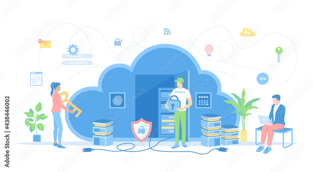 Poster cloud security, cloud computing, data protecting. security service protects cloud data storage. team