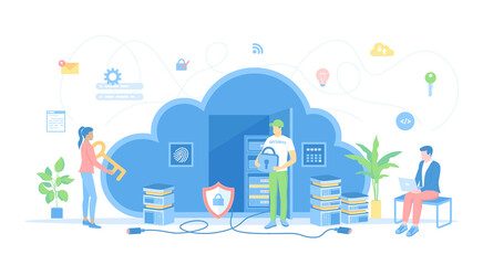 Cloud Security, Cloud Computing, Data Protecting. Security service protects cloud data storage. Teamwork communication. Vector illustration flat style.