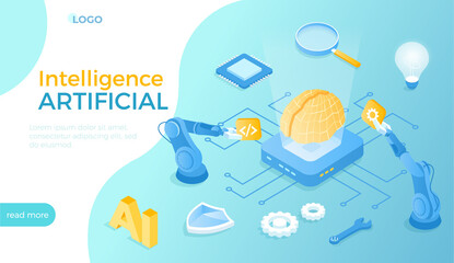 Artificial Intelligence AI, Digital brain, Artificial thinking process. Future technology, Machine learning, Smart brain computer, Neural networks. Isometric vector illustration for website.