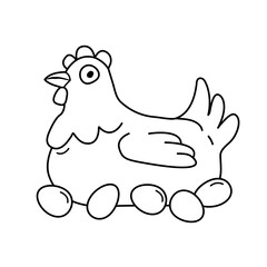 Cute hen sitting on her eggs. Hand drawn doodle vector illustration isolated on white background. Black and white line logo design for farming,aviculture business.