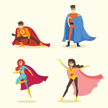 Vector illustrations in flat design of female and male superheroes in funny comics costume