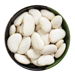 top view of raw lima beans in round bowl isolated