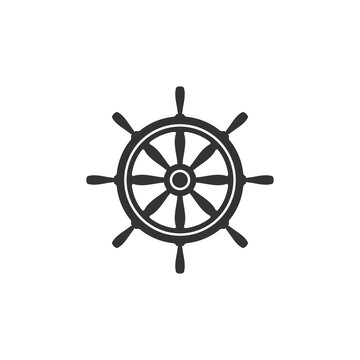 Nautical black helm isolated on white. Ship and boat steering wheel sign.