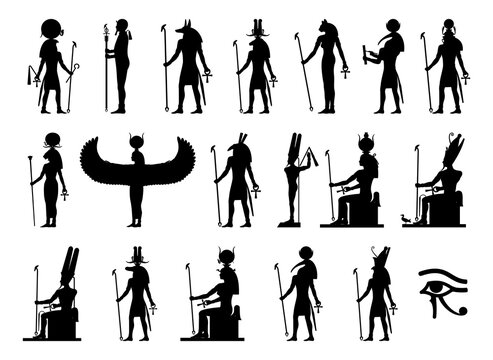 Silhouettes of the gods and goddesses of ancient Egypt: Ra, Ptah, Anubis, Khnum, Bastet, Thoth, Khepri, Sekhmet, Isis, Set, Min, Nut, Geb, Amon, Sebek, Hator, Horus.