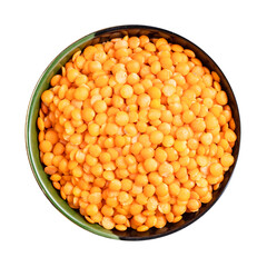 raw whole red lentils in round bowl isolated