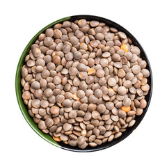 brown unhulled red lentils in round bowl isolated